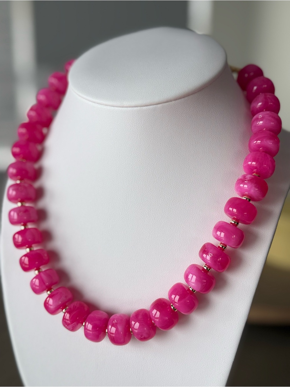 Bold Hot Pink Resin Bead Necklace with Gold Spacers